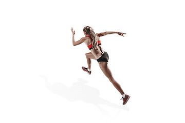 Image showing one caucasian woman running on white background