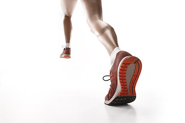 Image showing one caucasian woman running on white background