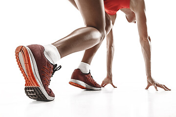 Image showing one caucasian woman running on white background