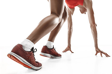 Image showing one caucasian woman running on white background