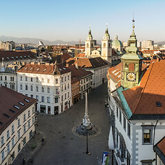 Image showing Panoramic aerial view of Town Square in Ljubljana, capital of Slovenia, at sunset. Empty streets of Slovenian capital during corona virus pandemic social distancing measures in 2020