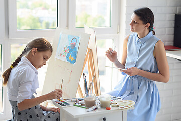 Image showing Mom and blackboard are fond of painting and draw sitting by the window on a weekend