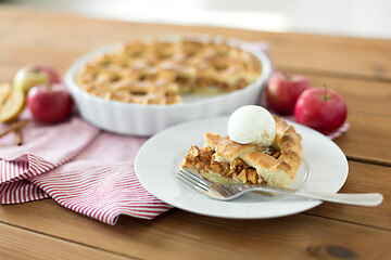 Image showing piece of apple pie with ice cream on plate