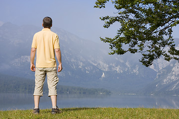 Image showing Man at mountain lake