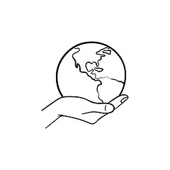 Image showing Hand holding the globe hand drawn sketch icon.