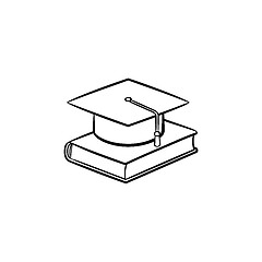 Image showing Graduation cap on book hand drawn sketch icon.