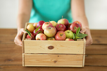 Image showing woman with wooden box of ripe apples