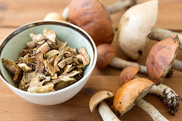 Image showing dried mushrooms in bowl on wooden background