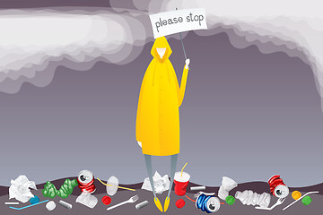 Image showing Man In Yellow Raincoat With Plastic Garbage