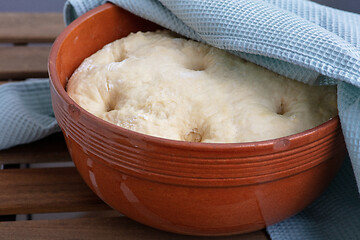 Image showing leavened dough in ceramic bowl