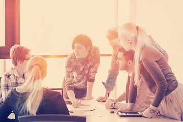 Image showing startup business team on meeting at modern office with sunset in