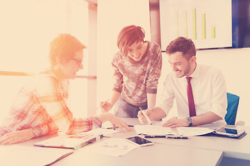 Image showing startup business team on meeting at modern office with sunset in