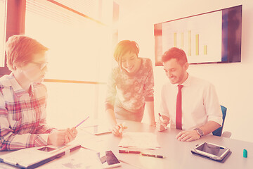 Image showing startup business team on meeting at modern office with sunset in