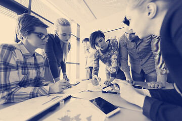 Image showing startup business team on meeting at modern office with sunset in