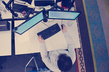 Image showing young programmer writing programming code top view