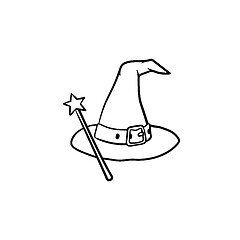 Image showing Wizard hat and magic wand hand drawn sketch icon.