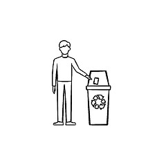 Image showing Man throwing garbage in a trash bin hand drawn icon.