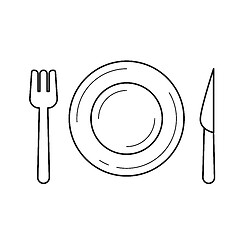 Image showing Plate with fork and knife vector line icon.