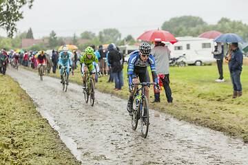 Image showing The Peloton on a Cobblestone Road - Tour de France 2014