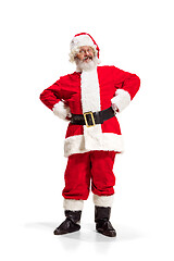 Image showing Hey, hello. Holly jolly x mas festive noel. Full length of funny santa in headwear, costume