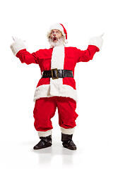 Image showing Hey, hello. Holly jolly x mas festive noel. Full length of funny santa in headwear, costume