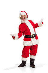 Image showing Hey, hello. Holly jolly x mas festive noel. Full length of funny santa in headwear, costume