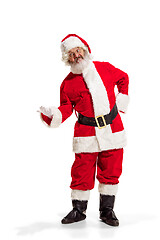 Image showing Hey, hello. Holly jolly x mas festive noel. Full length of funny santa in headwear, costume