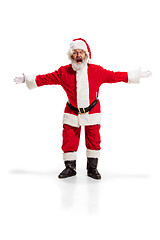 Image showing Hey, hello. Holly jolly x mas festive noel. Full length of funny santa in headwear, costume