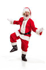 Image showing Hey, hello. Holly jolly x mas festive noel. Full length of funny santa in headwear, costume