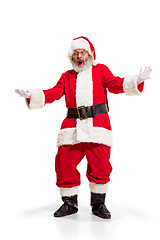 Image showing Hey, hello. Holly jolly x mas festive noel. Full length of funny santa in headwear, costume