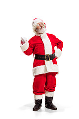 Image showing Hey, hello. Holly jolly x mas festive noel. Full length of funny santa in headwear, costume