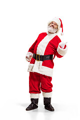 Image showing Hey, hello. Holly jolly x mas festive noel. Full length of funny santa in headwear, costume