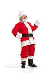 Image showing Hey, hello. Holly jolly x mas festive noel. Full length of funny santa in headwear, costume