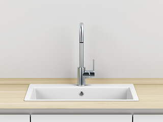 Image showing Silver faucet and white sink in the kitchen