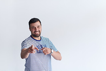 Image showing portrait of casual startup businessman pointing at camera with f