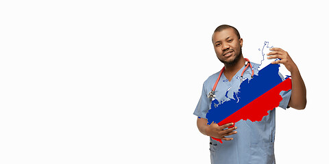 Image showing Beautiful african-american doctor cares about Russia isolated over white studio background