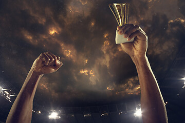 Image showing Award of victory, male hands tightening the cup of winners against cloudy dark sky