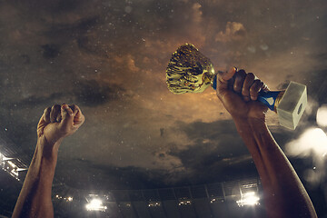 Image showing Award of victory, male hands tightening the cup of winners against cloudy dark sky