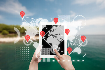 Image showing Food and goods purchase via the Internet. Your smartphone or other gadget - all you need for food arriving to any address