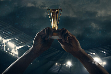 Image showing Award of victory, male hands tightening the cup of winners against cloudy dark sky