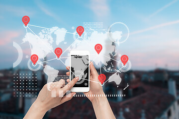 Image showing Food and goods purchase via the Internet. Your smartphone or other gadget - all you need for food arriving to any address