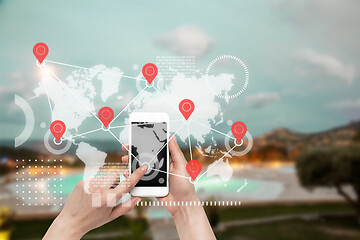 Image showing Food and goods purchase via the Internet. Your smartphone or other gadget - all you need for food arriving to any address