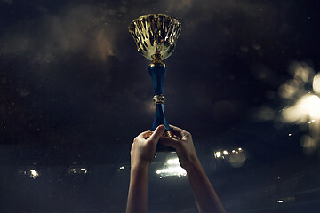 Image showing Award of victory, male hands tightening the cup of winners against cloudy dark sky