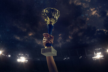 Image showing Award of victory, male hands tightening the cup of winners against cloudy dark sky