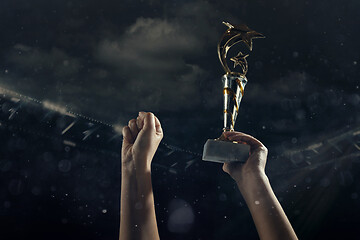 Image showing Award of victory, male hands tightening the cup of winners against cloudy dark sky