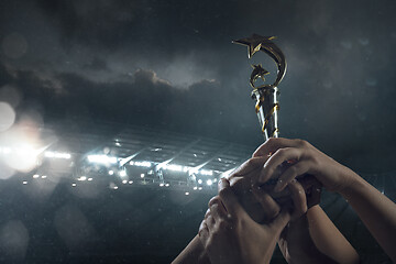 Image showing Award of victory, male hands tightening the cup of winners against cloudy dark sky