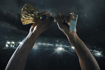 Image showing Award of victory, male hands tightening the cup of winners against cloudy dark sky