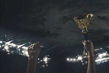 Image showing Award of victory, male hands tightening the cup of winners against cloudy dark sky