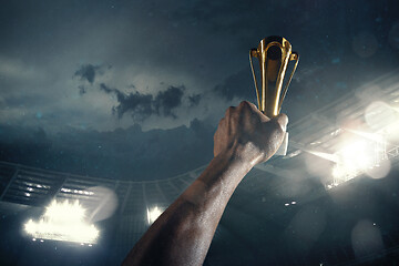 Image showing Award of victory, male hands tightening the cup of winners against cloudy dark sky