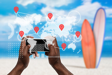 Image showing Food and goods purchase via the Internet. Your smartphone or other gadget - all you need for food arriving to any address